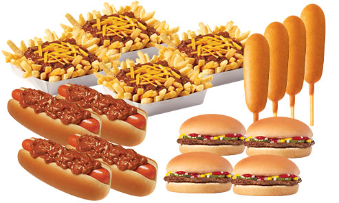 Crowd Pleaser #17 - Four Chili Dogs, Four Hamburgers, Four Chili Cheese Fries, and Four Corn Dogs