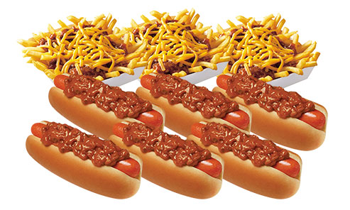 #15 Crowd Pleaser: 6 Chili Dogs & 3 Chili Cheese Fries