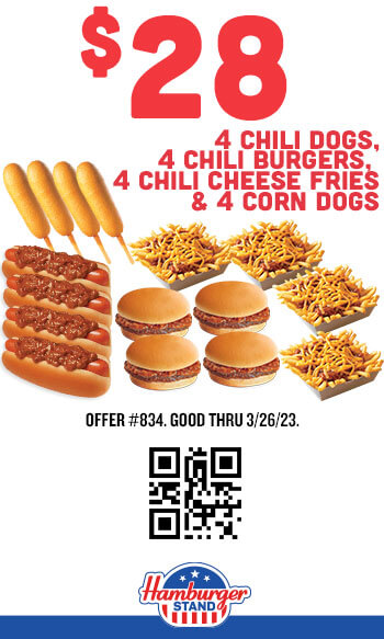 $28 - Four Chili Dogs, Four Chili Burgers, Four Corn Dogs and Four Chili Cheese Fries Coupon #834
