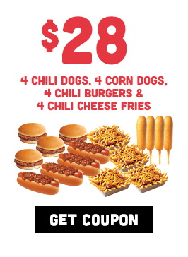 $28 - 4 chili dogs, 4 corn dogs, 4 chili burgers, 4 chili cheese fries - #834