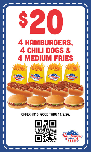 $20 Four Hamburgers, Four Chili Dogs & Four Medium Fries Coupon