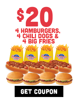 $20 4 Hamburgers, 4 Cili Dogs and 4 Big Fries Coupon