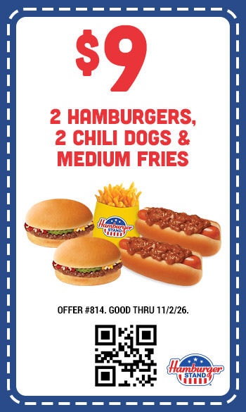 $8 Two Hamburgers, Two Chili Dogs & Medium Fries Coupon
