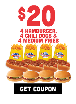 $20 Four Hamburgers, Four Chili Dogs & Four Medium Fries Coupon